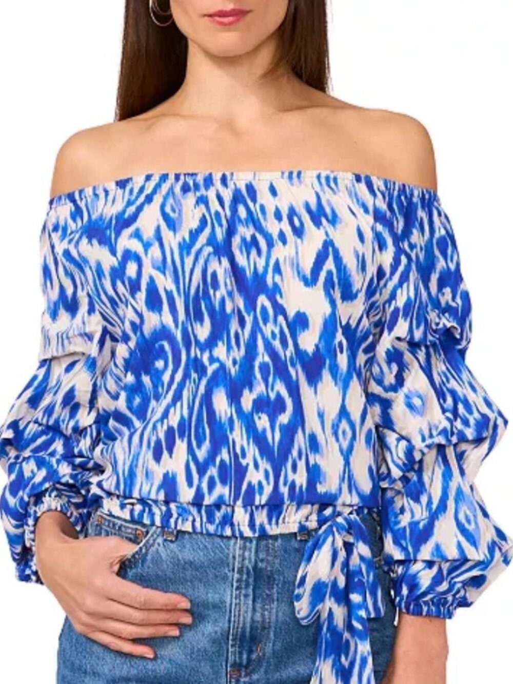 Vince Camuto off the shoulder blouse ikat Royal Azur blue - Picture 2 of 10